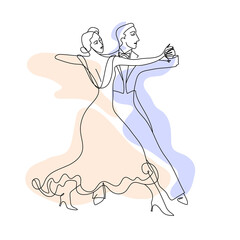 Ballroom dancers. Professional dancing couple. Waltz. One line drawing. Hand drawn. 