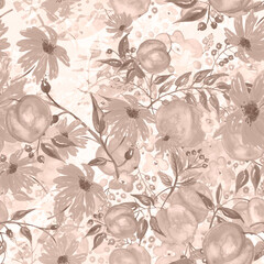 Seamless watercolor pattern with a floral pattern of leaves, berries, plants and fruit peach.
Peach, apricot pattern with tropic fruits, leaves, flowers background. Chamomile flower, calendula.