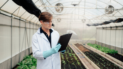 Scientists examined the quality of vegetable organic lettuce from hydroponic farm and recorded them in the clipboard.