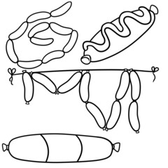 Coloring book, A set of illustrations with various cartoon-style sausages, fried and beautiful sausages