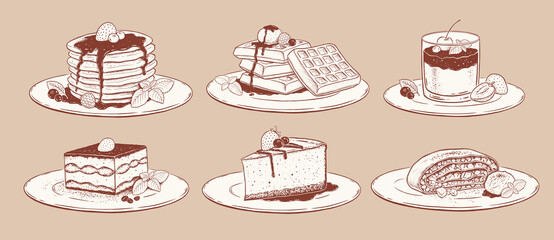 Vector illustration set of desserts on plates