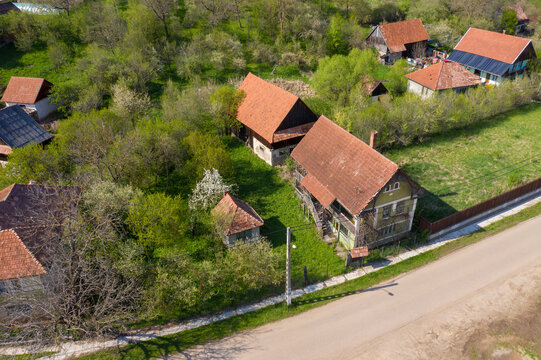 Aerial view of a typical Hungarian village in Romania