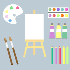 artist's objects,brushes,paints,easel,palette,pencils