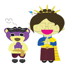 Mr.Purple bear and friend wear Thai costume is greeting by paying obeisance Thai style,Children raised their hands to pay respect to welcome,  
