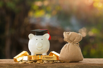 Piggy bank put on the gold bar and coin and money bag with saves with wear graduation cap put on...