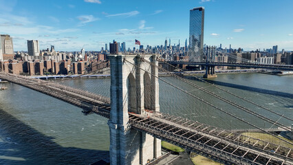 Brooklyn Bridge American flag medium angle New York City NYC