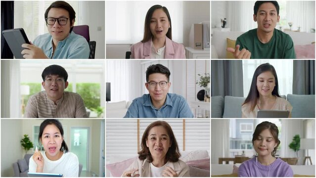 Group of Asian people Discussing online video conference in webcam screen view. Remote communication of happy multiracial people. Working from home office. Internet communication technology.