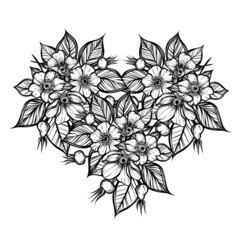Botanical vector illustration with flowers and berries rosehips, romantic decoration, print on t-shirt, tattoo