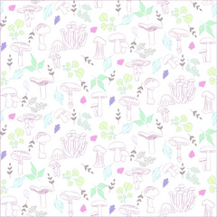 Vector seamless half-drop pattern, with mushrooms and leaves