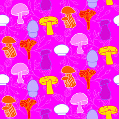 Vector seamless half-drop pattern, with mushrooms and leaves