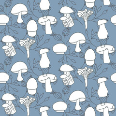 Vector seamless half-drop pattern, with mushrooms and leaves