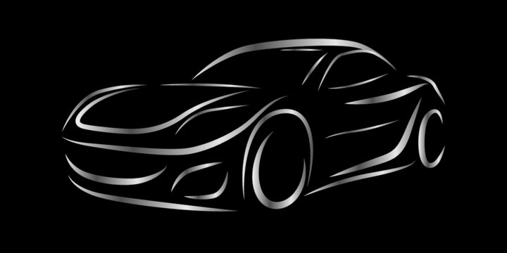 Sports car logo. Side view of supercar. Race car on black background.
