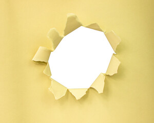 Yellow color paper with circle hole in damaged background