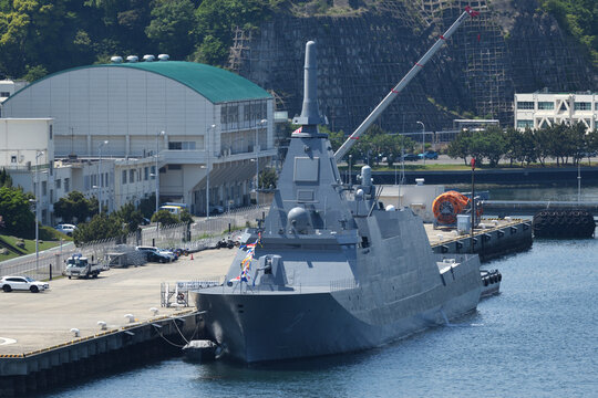 Kanagawa, Japan - May 03, 2022:Japan Maritime Self-Defense Force JS Kumano (FFM-2), Mogami-class frigate.