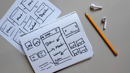 website wireframe sketch, UX mobile application wireframe. Sketch, prototype, framework, layout...