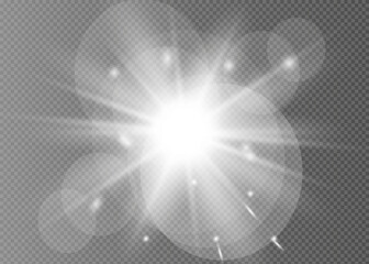 Solar glare.Glow isolated white transparent light effect set, lens flare, explosion, glitter, line, sun flash, spark and stars.
