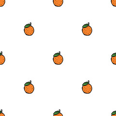 Seamless pattern with orange icons. Colored orange background. Doodle vector illustration with fruits