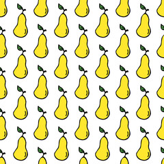 Seamless pattern with yellow pear icons. Colored pear background. Doodle vector illustration with fruits