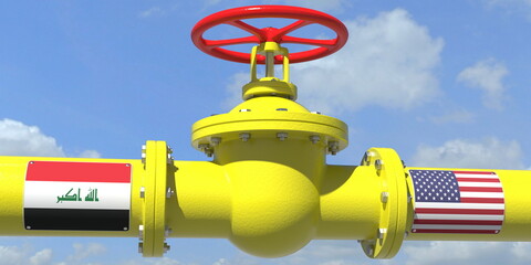 IRAQ USA oil or gas transportation concept, pipe with valve. 3D rendering