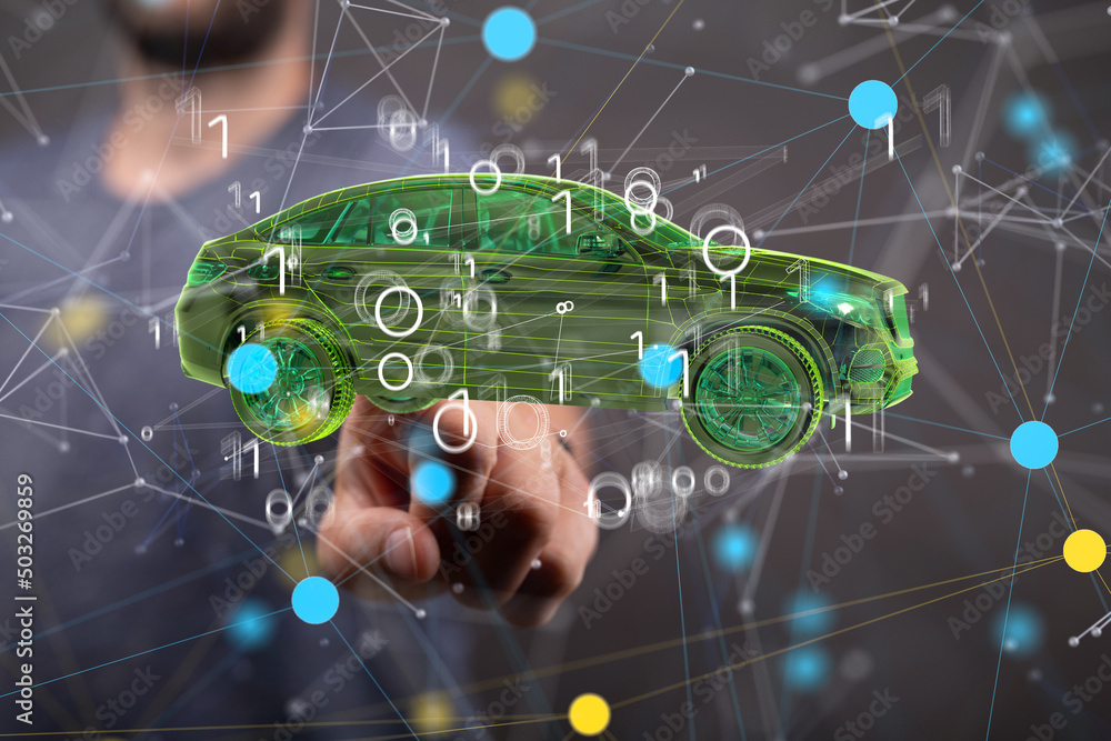 Poster Autonomous car with HUD graphic of Navigation system driving