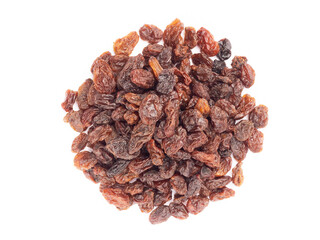 Bunch of Raisin isolated on white background. Macro. Flat lay. Vegetarian concept