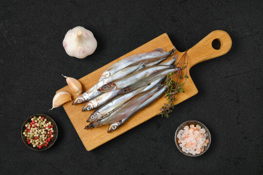 Top view of resh raw frozen capelin