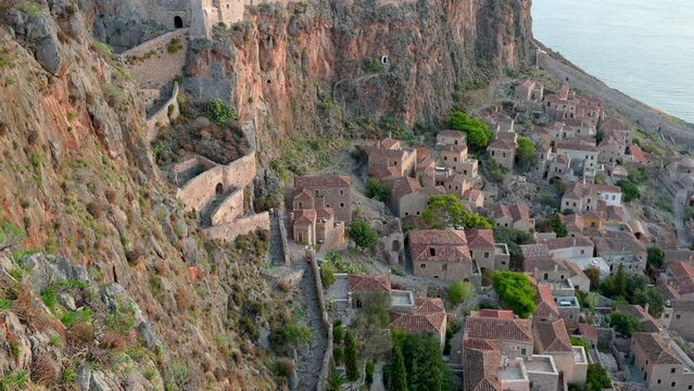 Monemvasia, Greece panorama with old houses and Elkomenos Christos church in ancient town, Peloponnese, Greece