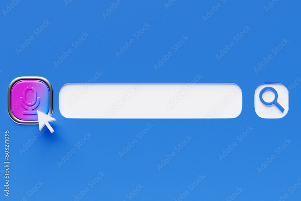 Poster 3d illustration, microphone button for audio search on the internet. search bar design element on a 
