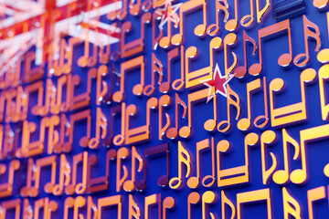 Musical notes lined up in even rows against the backdrop of the National Flag of  New Zealand. The concept of the national anthem, music. 3D illustration