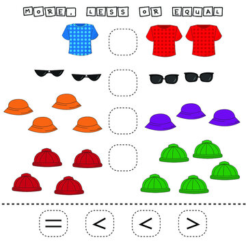 ​​Which is greater, less or equal game with  t-shirt, sunglasses, panama,hat. Worksheet for preschool kids, kids activity sheet, printable worksheet
