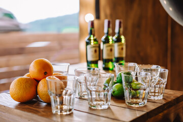 Whiskey table in a restaurant at the entrance. luxurious elegant aperitif in a restaurant on a lined terrace.