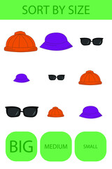 Match the panama, hat, singlasses by size large, medium and small. Children's educational game.
