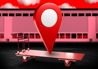 Goods logistics. Trolley as metaphor for warehouse logistics. Cargo trolley with geotag. Concept of delivering goods to warehouse. Geotagging in front of logistics warehouse. Red Sky. 3d image.