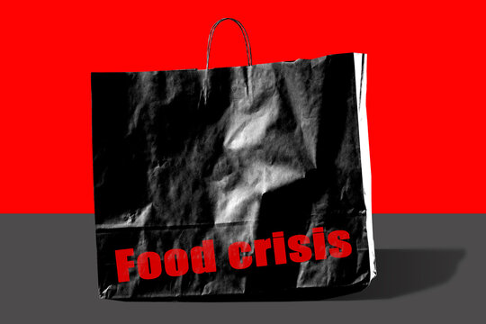 Product crisis. Approaching starvation due to poverty crisis concept. Inscription food crisis on paper bag. Problems with buying food from poor. Food package on red background. 3d image.