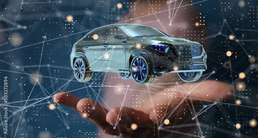 Poster Autonomous car with HUD graphic of Navigation system driving
