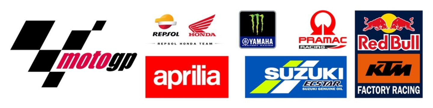 MotoGP World. Aprilia, Red Bull KTM Factory Racing, Repsol Honda, Yamaha Factory Racing, Suzuki Ecstar, Pramac Racing - motorcycle manufacturer, motorcycle racing teams. Kyiv, Ukraine - May 3, 2022