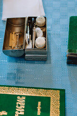 Items for the baptism of a child at the altar in the church