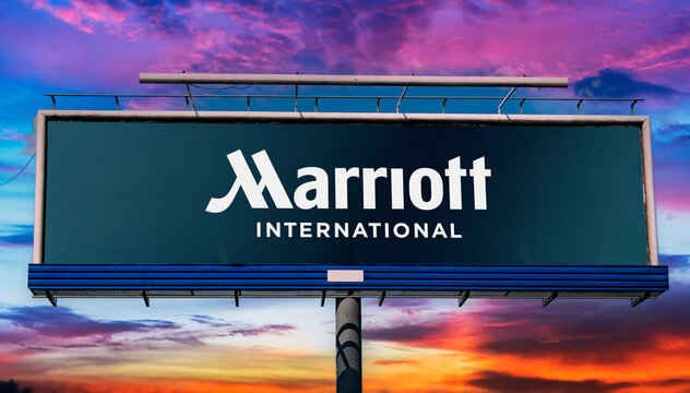 Advertisement billboard displaying logo of Marriott Int.