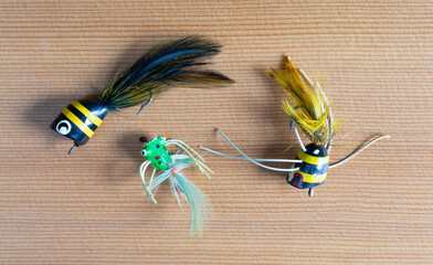 Three hand tied bass fly fishing flies