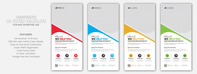 Modern Creative Simple Minimal Corporate DL Flyer Rack Card Template Vector Design for Multipurpose Use with Red, Blue, Yellow, Green