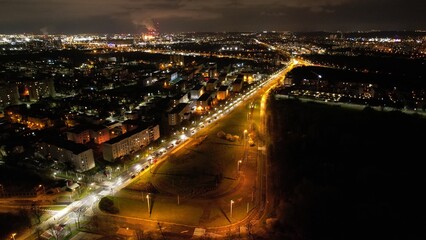 Fototapeta na wymiar Poland, Gdansk, Beautiful night streets of Gdansk with tram tracks.