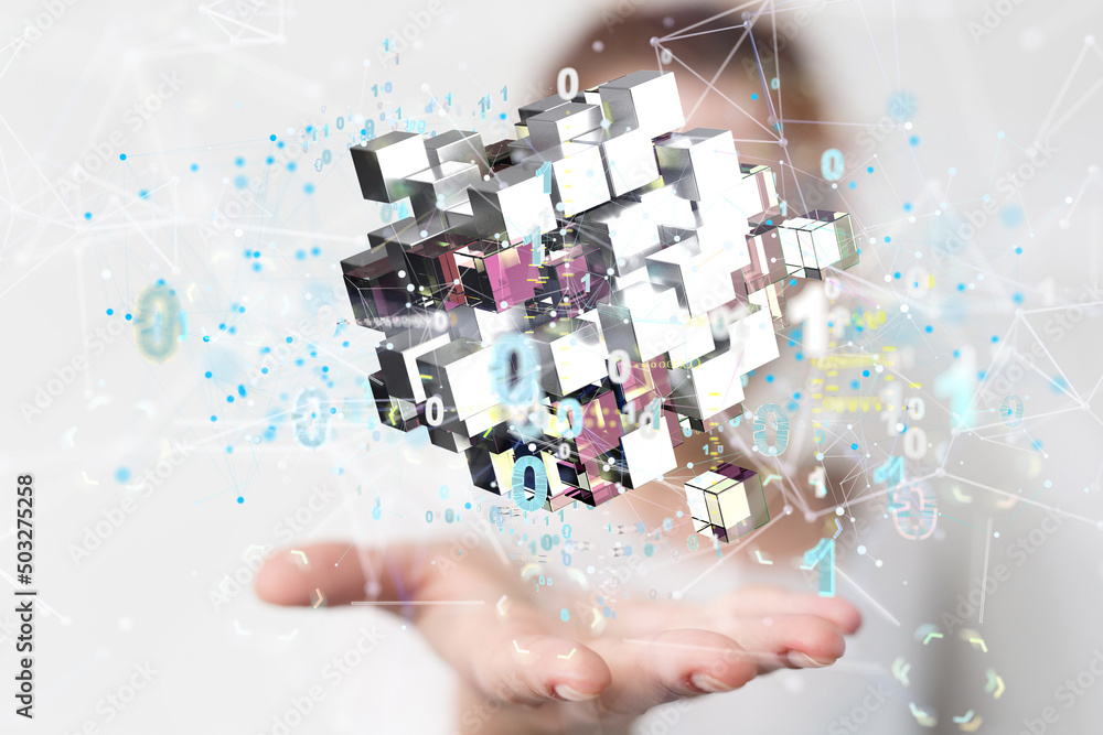 Poster Augmented Analytics Data cloud storage network from lines, triangles and particle style design. Illustration