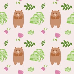 Seamless pattern with cute bear cartoon, plants and flower. It has pastel color background.