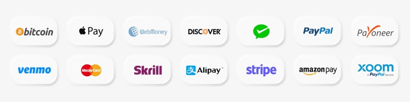 Skrill, Payoneer, PayPal, Mastercard, Amazon pay, Discover, Bitcoin, Alipay, Webmoney, Stripe, Venmo, Xoom, Wechat - payment systems. App pay icon. Apple Store button. Kyiv, Ukraine - May 3, 2022