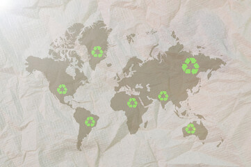 World map with recycle symbols. Environment and conservation concept.