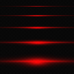 Beautiful horizontal red rays of light, neon lines on a transparent background