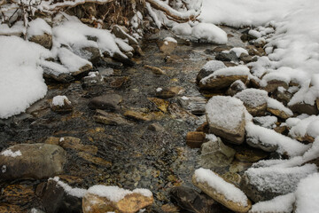 A stream in the snow in winter.
