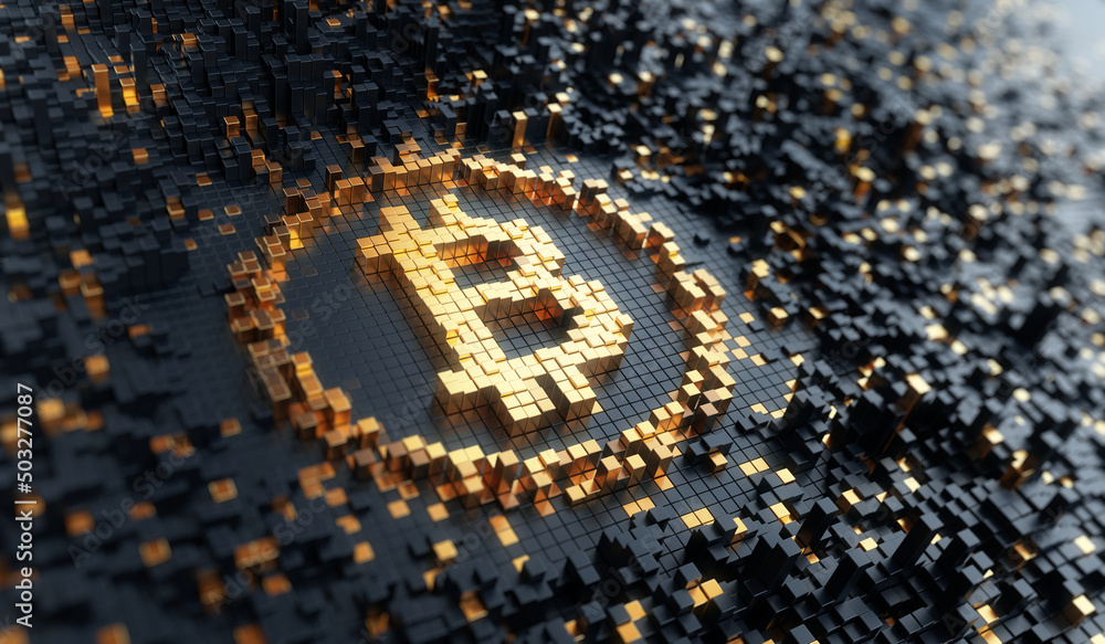 Poster bitcoin concept - bitcoin sign consisting of block cubes. 3d rendering