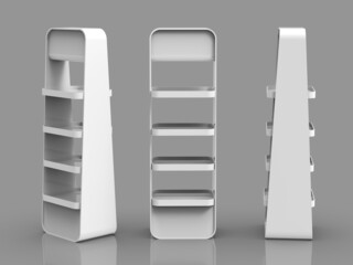 White Floor Display Rack For Supermarket. White POS POI Blank Empty Displays With Shelves Products On Bright Gray Background Isolated. 3D Illustration