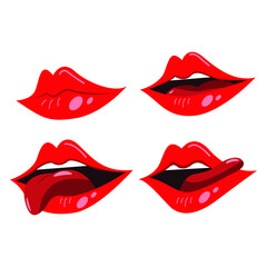 Red lips collection. Vector illustration of sexy woman's lips expressing different emotions, such as smile, kiss, half-open mouth, biting lip, lip licking, tongue out. Isolated on white.